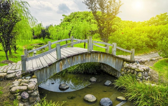 河流 木桥园林图片