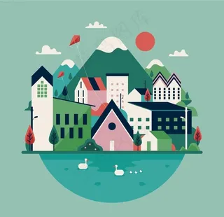 扁平化小镇建筑风景插画图片
