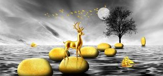 新中式金色石头大海麋鹿装饰画图片