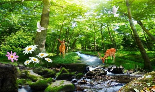 树林 鹿 河流 背景墙图片