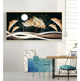 手绘线条海豚抽象风景发财树装饰图片