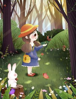 手绘抓昆虫的女孩插画图片