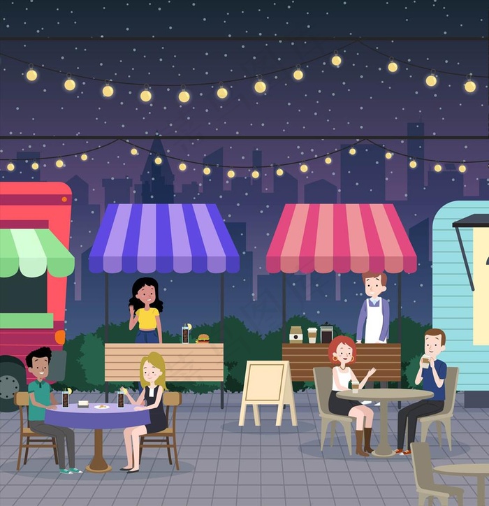 夜晚露天酒吧插画图片ai矢量模版下载