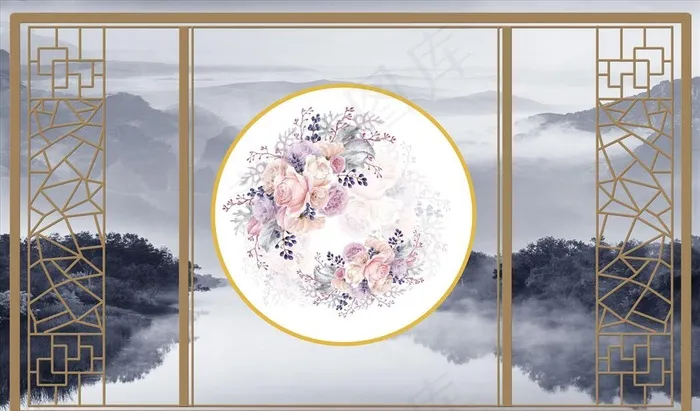 水墨山水 造型 背景墙图片(9071X5669(DPI:72))psd模版下载