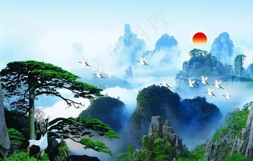 黄山迎客松中堂画PSD分层模板图片