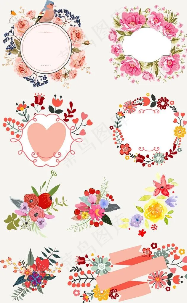 高清免抠水彩手绘花环花朵矢量图片ai矢量模版下载