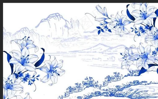 中式青花瓷山水百合背景墙图片