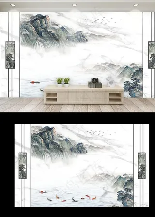 新中式手绘电视背景墙沙发背景墙图片