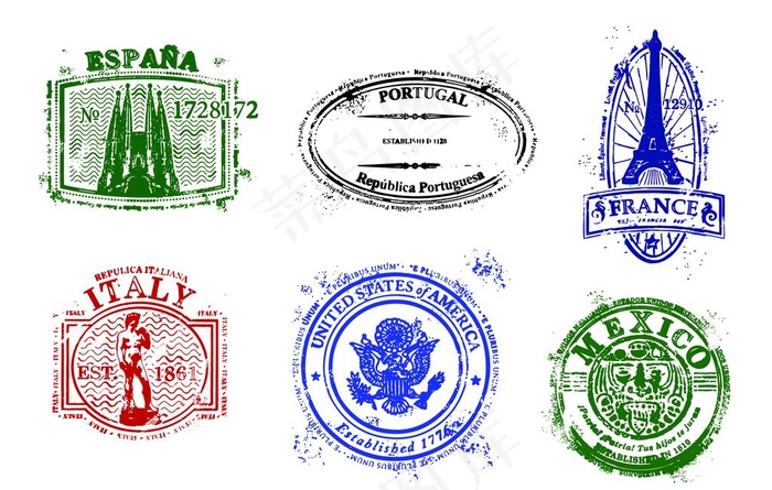 矢量邮戳邮票世界著名国家图片ai矢量模版下载