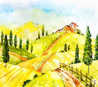 水彩绘画 农场房屋 田地风景图片