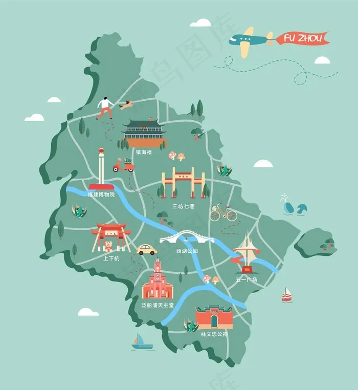 福州地图 矢量插画图片ai矢量模版下载