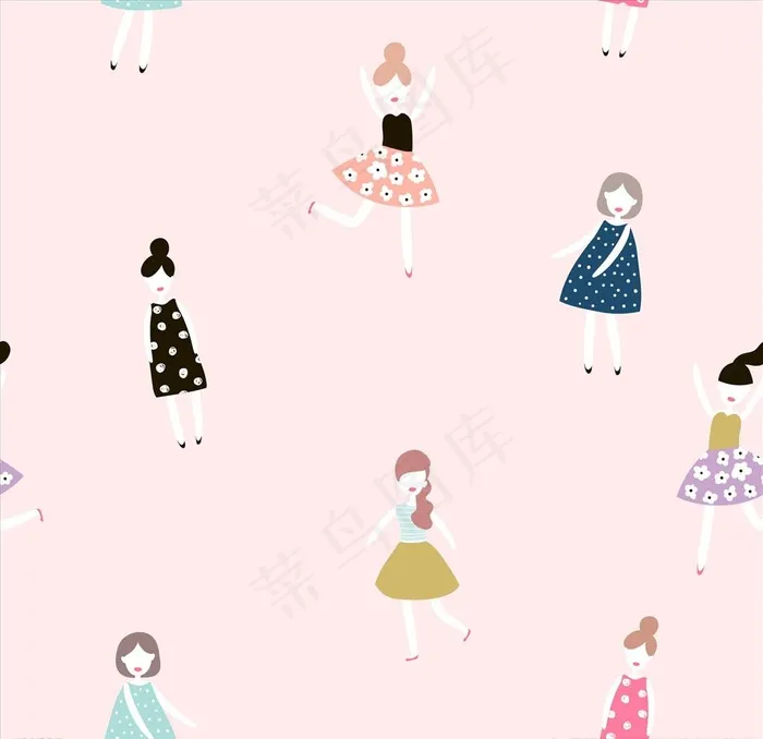 可爱卡通小女孩跳舞四方连续图片eps,ai矢量模版下载