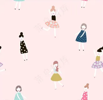 可爱卡通小女孩跳舞四方连续图片