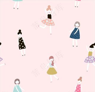 可爱卡通小女孩跳舞四方连续图片