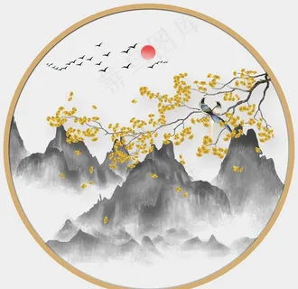 圆形山水画圆形装饰画圆形银杏叶图片