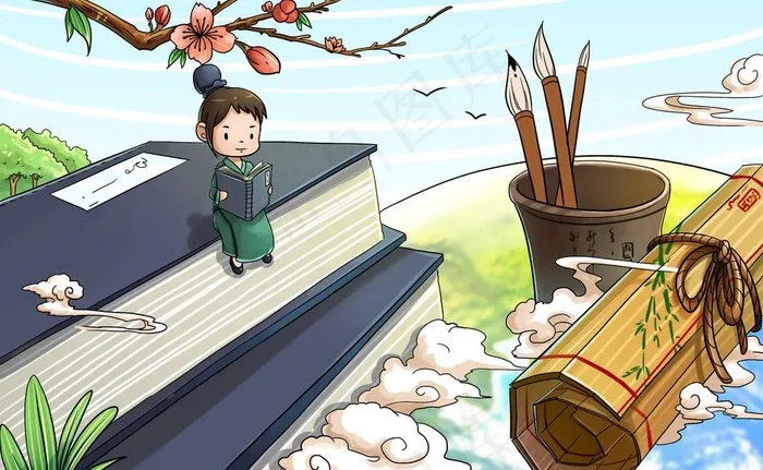古代看书童子插画图片psd模版下载