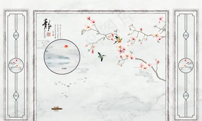 边框大理石花鸟造型背景墙图片(12598X7952(DPI:80))psd模版下载