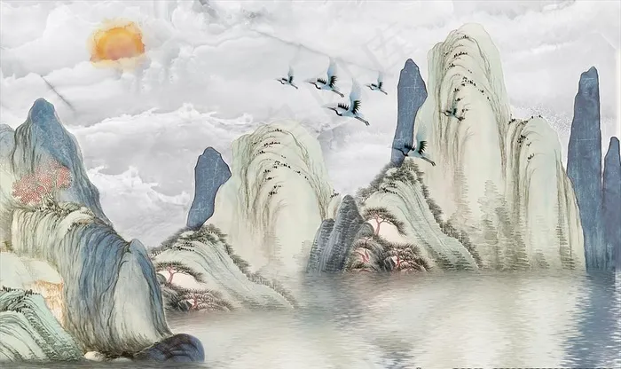 国画山水背景图片(9071X5669(DPI:72))psd模版下载