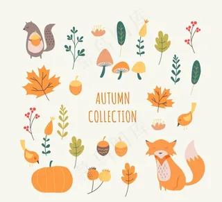 清新秋季植物和动物元素图片
