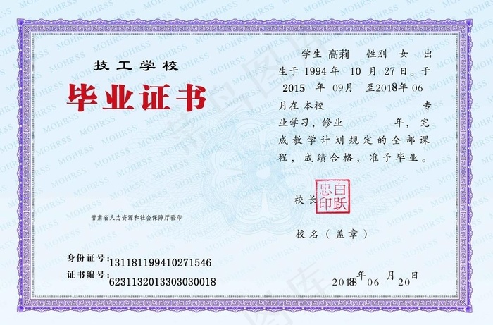 技工学校毕业证图片(4052X2799(DPI:400))psd模版下载