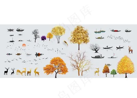 免抠图设计元素船树鹿鸟素材图片
