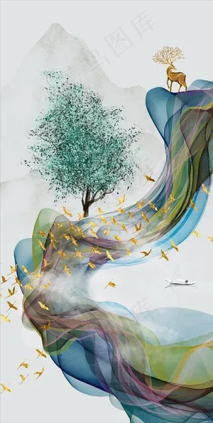 新中式现代艺术抽象水墨风景玄关图片