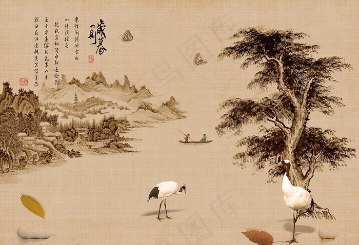 新中式国画松树仙鹤沙发背景墙图片(8268X5906(DPI:300))psd模版下载