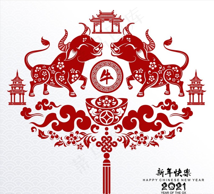 牛年剪纸图片eps,ai矢量模版下载