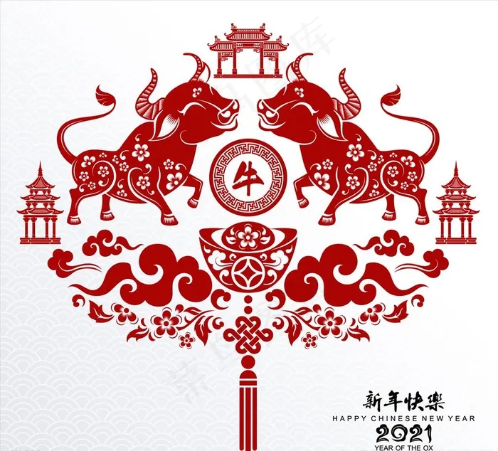 牛年剪纸图片eps,ai矢量模版下载