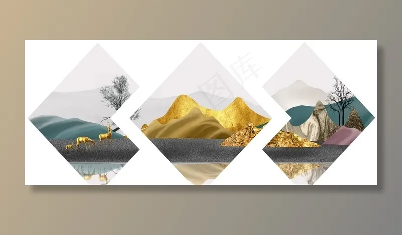 新中式意境金色山水麋鹿装饰画图片(10630X4724(DPI:150))psd模版下载