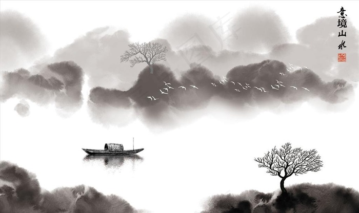 水墨山水 小船 背景墙图片(9071X5669(DPI:72))psd模版下载