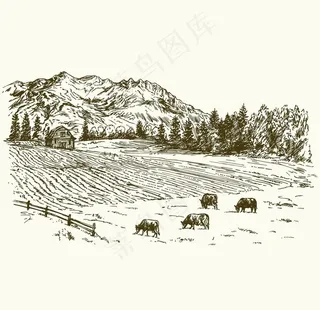 牛群牧场矢量图图片