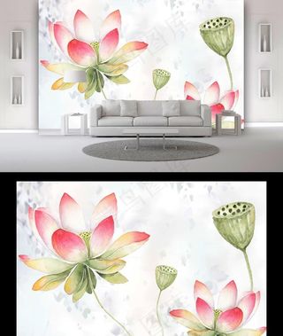 水彩荷花电视背景墙图片