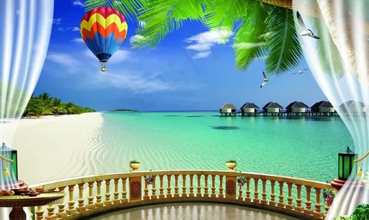 3d立体窗外海边美景露天背景墙图片 3d立体窗外海边美景露天背景墙图片