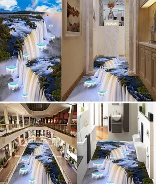 瀑布悬浮小岛飞鸟浴室3D地板图片