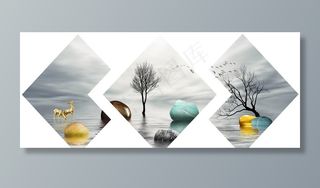 新中式风景金色麋鹿石头装饰画图片