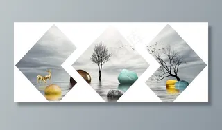 新中式风景金色麋鹿石头装饰画图片