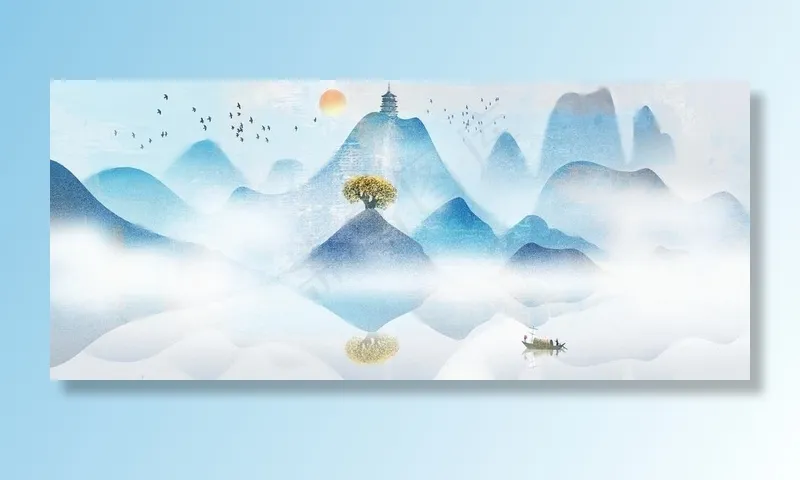 水墨山水图片(3887X1788(DPI:100))psd模版下载