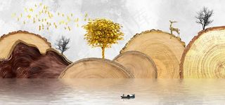 新中式金色年轮山水抽象装饰画图片