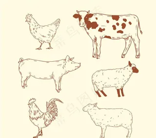 6款手绘农场动物AI矢量素材图片