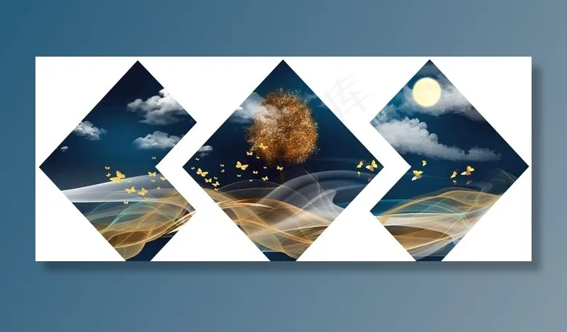 新中式线条蝴蝶月亮星空装饰画图片(10630X4724(DPI:150))psd模版下载