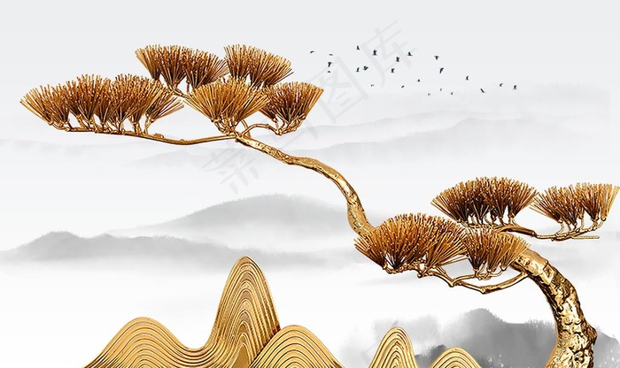 山水金色古风地产墙画背景素材图片