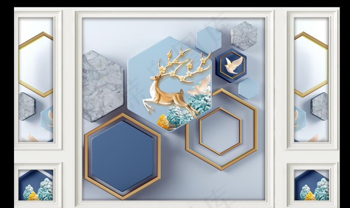 3D立体几何小鹿自带边框背景墙图片