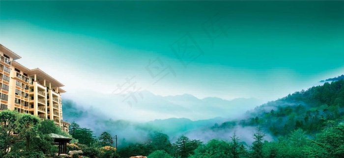 蓝天草地山林人家图片