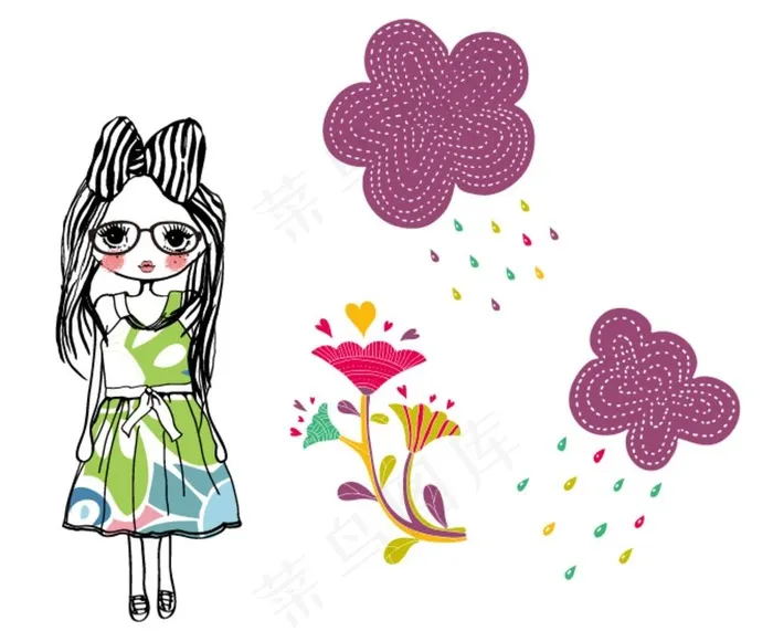 卡通花朵 云彩 女孩图片ai矢量模版下载