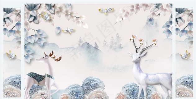 浮雕花 鹿 树 背景墙图片