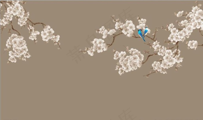 新中式手绘梅花花鸟电视背景墙图片
