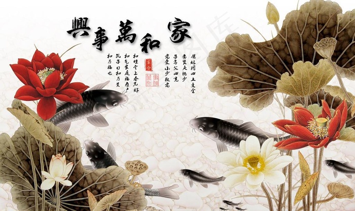 荷花九鱼图图片
