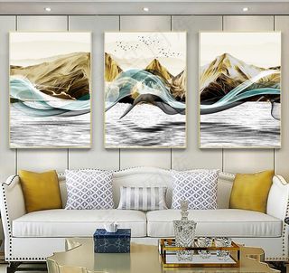 轻奢金箔山水三联画图片