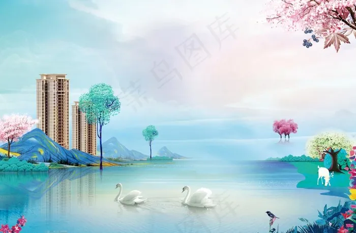 房地产湖光山色海报图片(5031X3437(DPI:300))psd模版下载